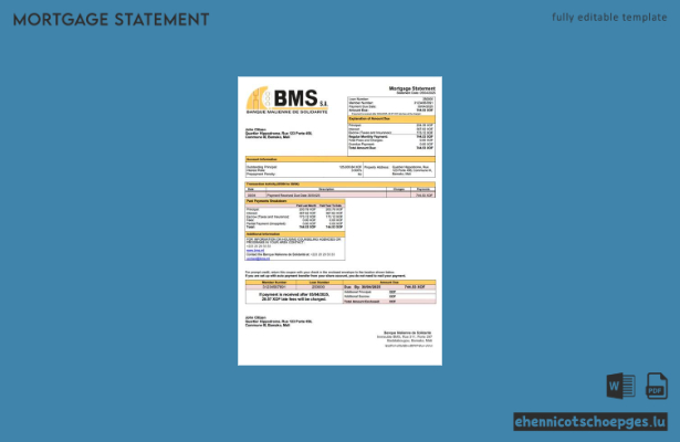 Hypothekenabrechnung der Mali Banque Malienne de Solidarité (BMS) (Word- und PDF-Beispielvorschau)